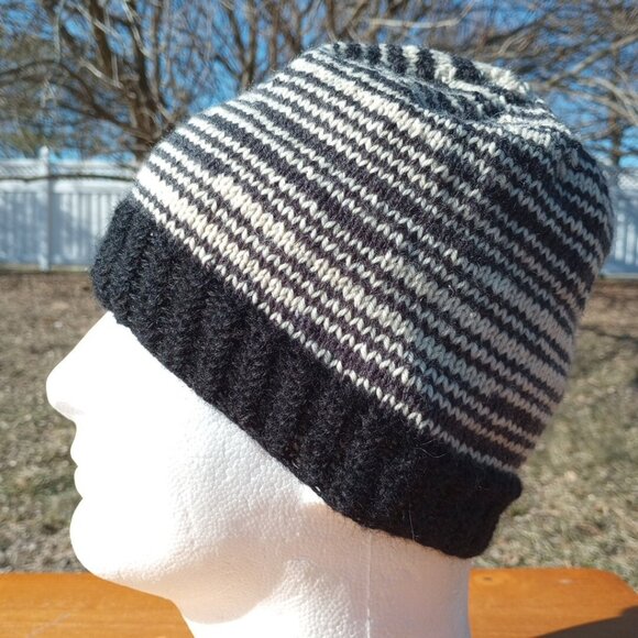 Mens Alpaca Wool Beanie Skully Hand Knit Hat Light Thin Faux Fair Isle Striped - Picture 2 of 9